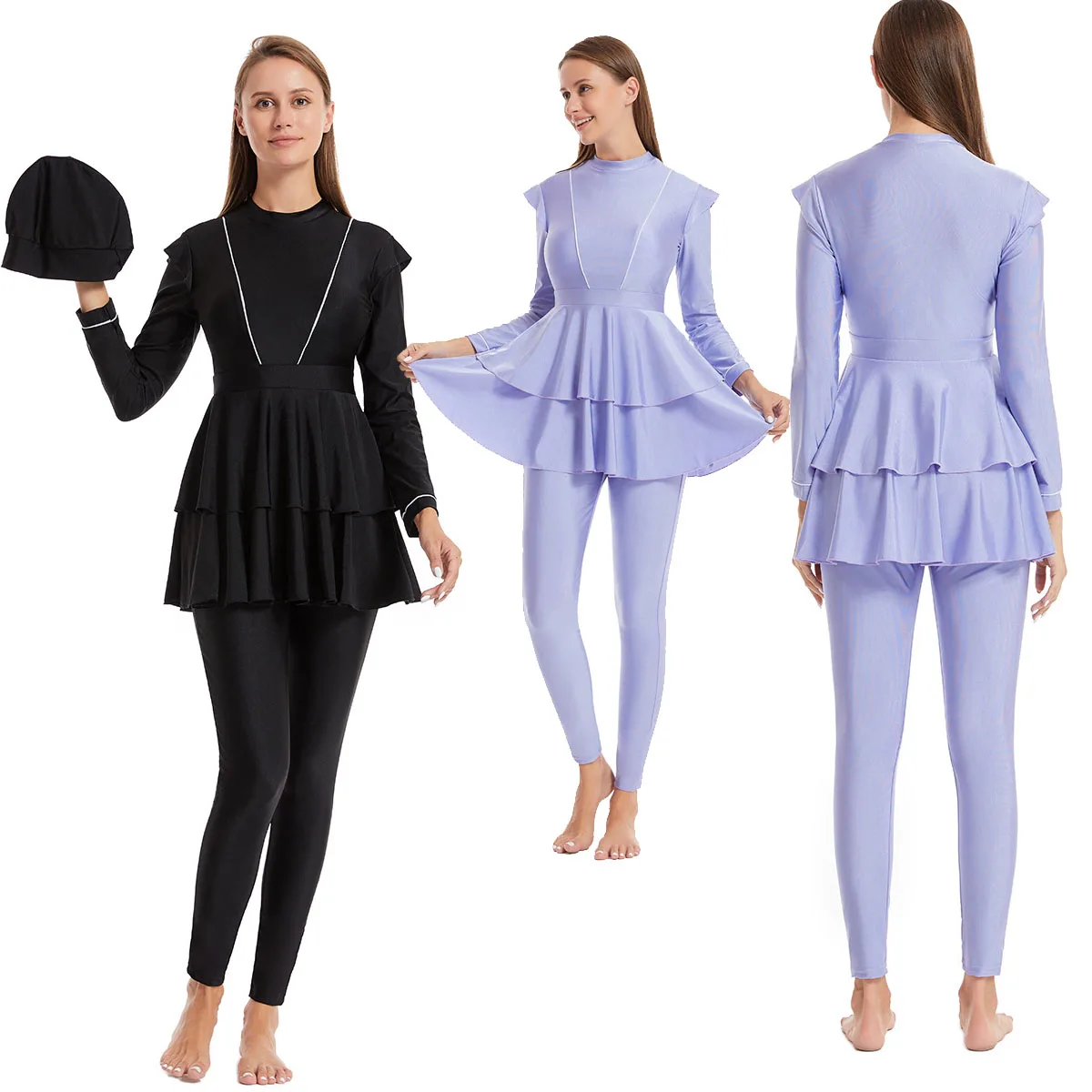 Donne Musulmane Eleganti Costumi Da Bagno Abito Camicetta + Legging + Cappello 3 Pezzi Costumi Da Bagno Islamico Burkini Lungo Rashguard Burquini Divi