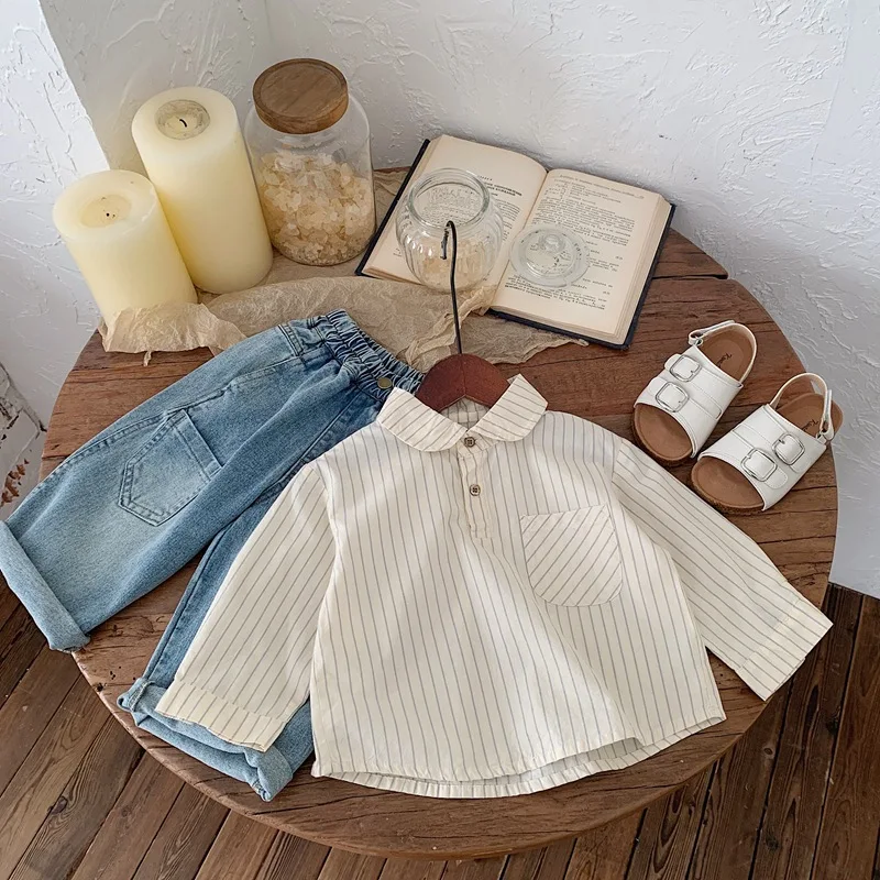 

Children Clothing Boys Shirt Korean Style 2024 New Fashionable Long Sleeve Striped Handsome Baby Thin Casual Simple Top