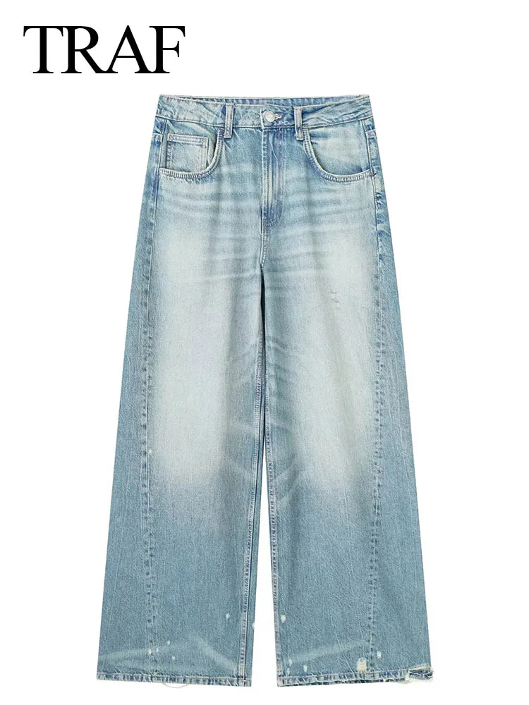 

TRAF Jeans For Women Fashion New Worn In All Seasons Denim Loose Trousers Female Vintage Versatile Women's Wide Leg Pants
