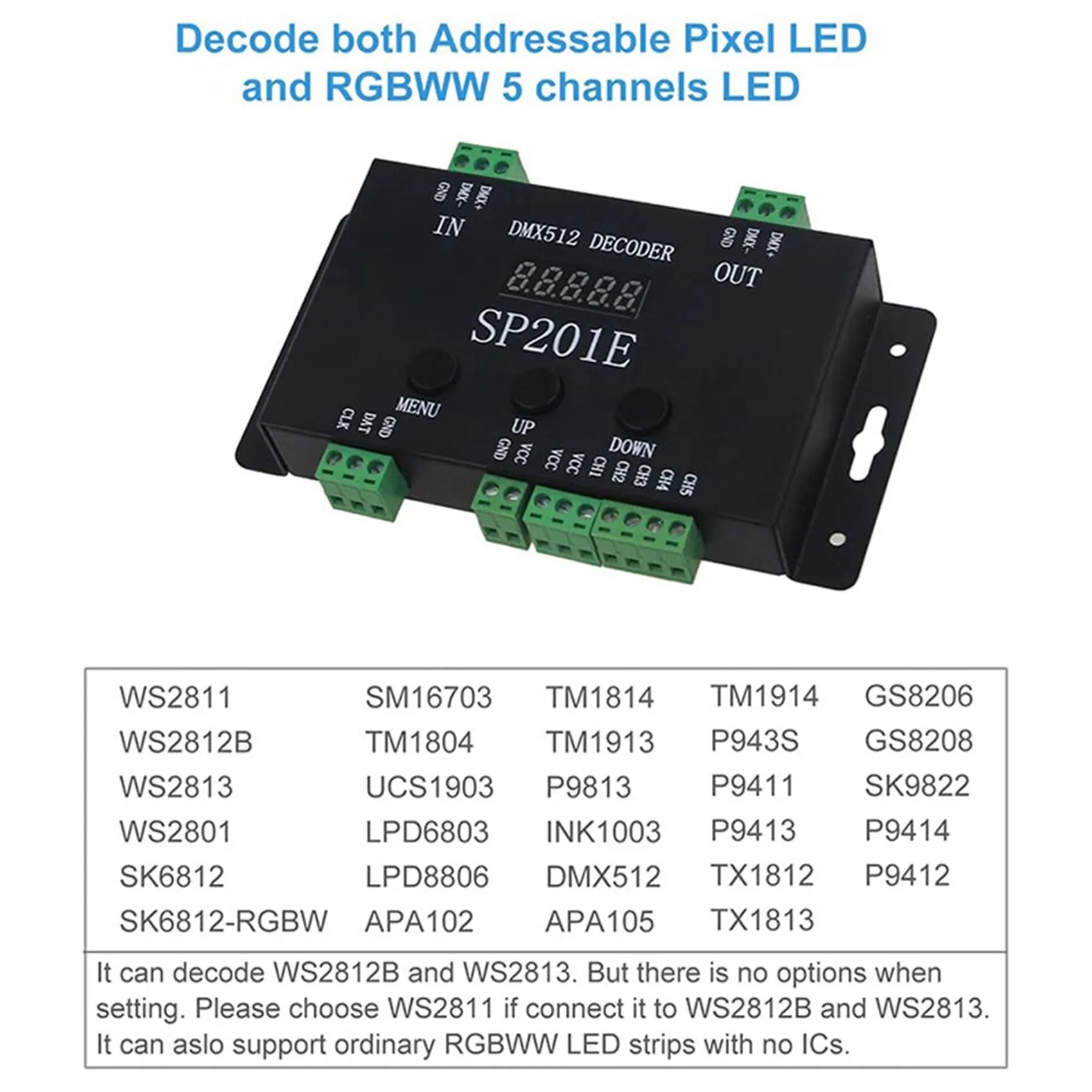 ABKN-2X SP201E DMX512 WS2812B WS2811 DMX-SPI 컨트롤러 디코더, 다중 IC 지원