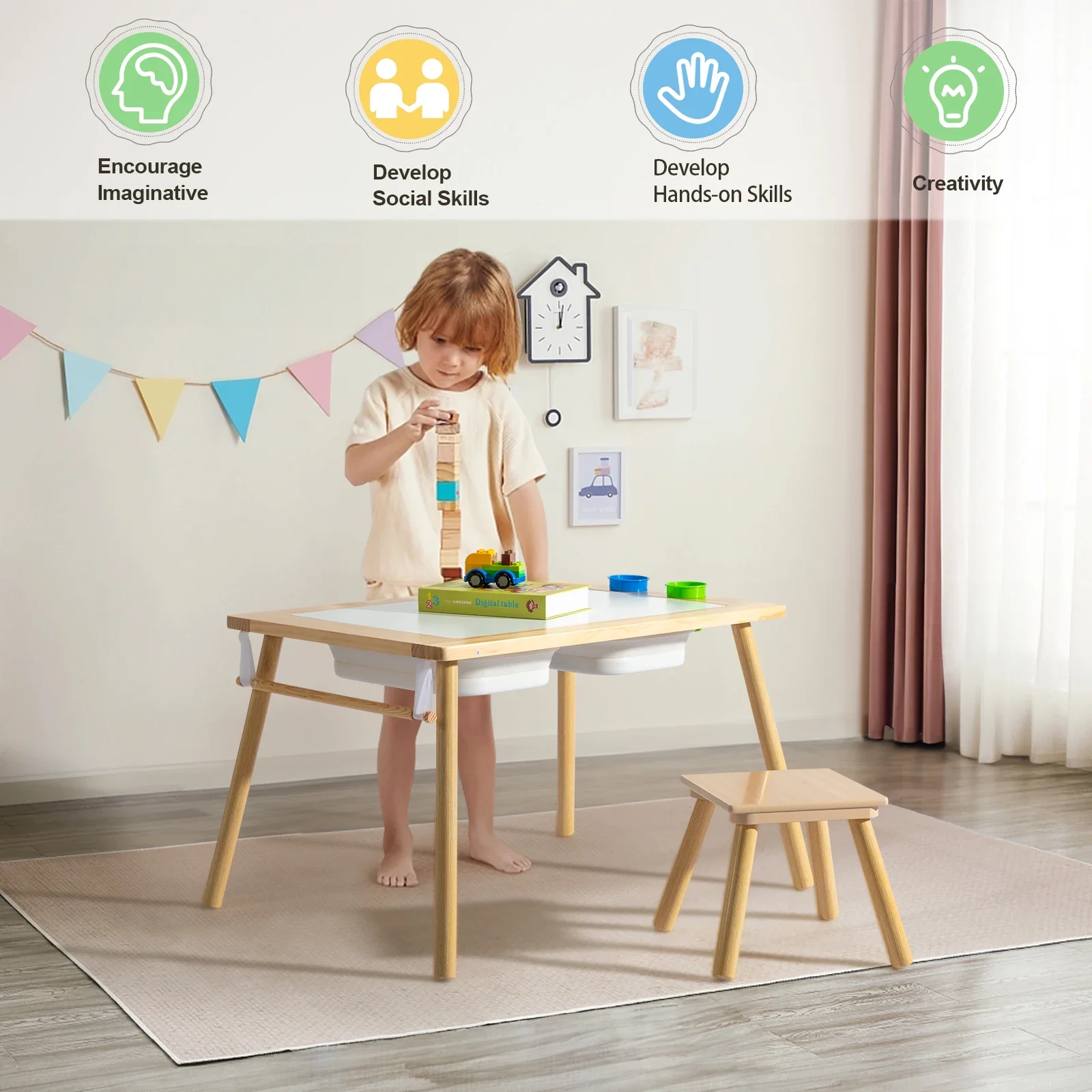 US Stock Children's Sensory Table with Stool, Kids Activity Table with 2 Storage Bins & 2 Pen Holders & Paper Roll,Wood 5