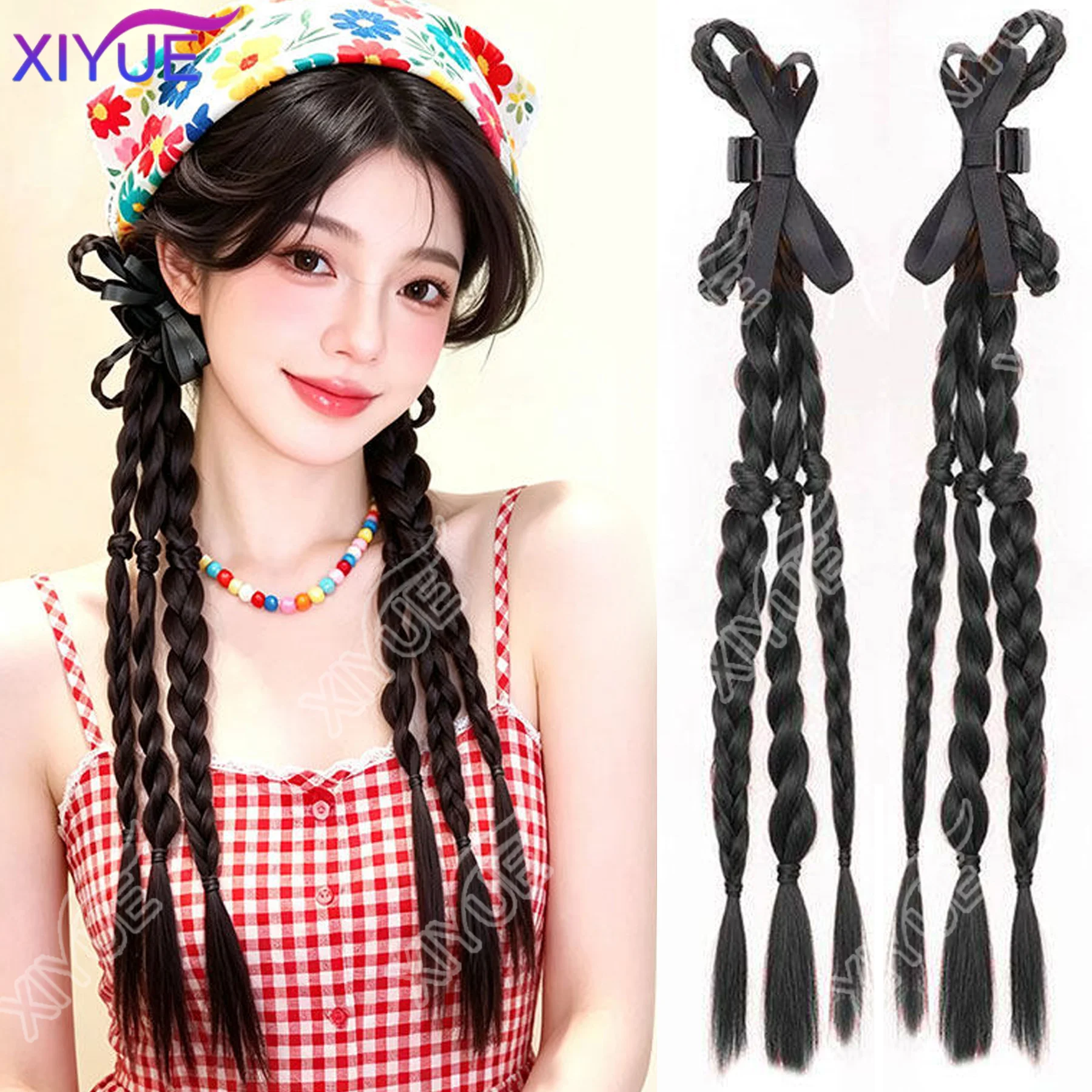 XIYUE 합성 롱 클로 클립온 보우 브레이드 포니테일 헤어 익스텐션 내열성..