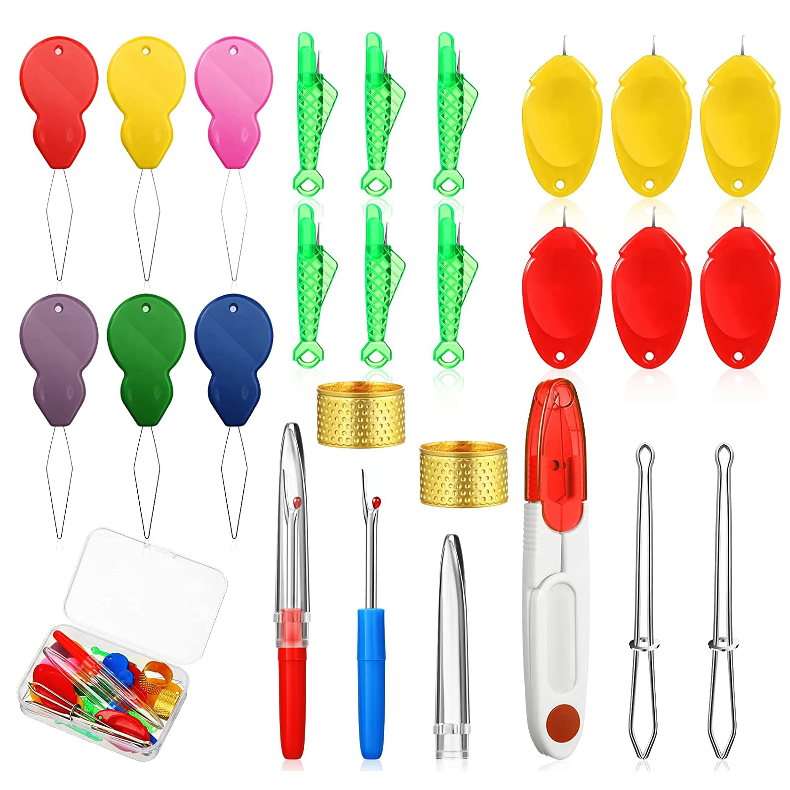  Needle Threaders for Hand Sewing,25 Pcs Needle Threaders  Kit,Include Fish Type Easy Threader/Gourd Shaped Sewing Needle  Threader/Thumb Shaped Threaders/Seam Rippers/Sewing  Tweezers/Thimble/Scissor etc
