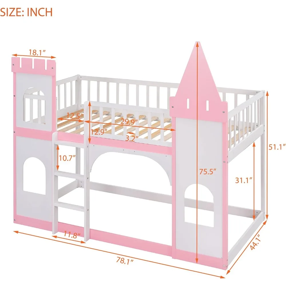 Twin Size Loft Bed Low Bunk Beds,Castle Shaped Wood Bed Frames with Safety Guardrails for Boys or Girls, Pink 2