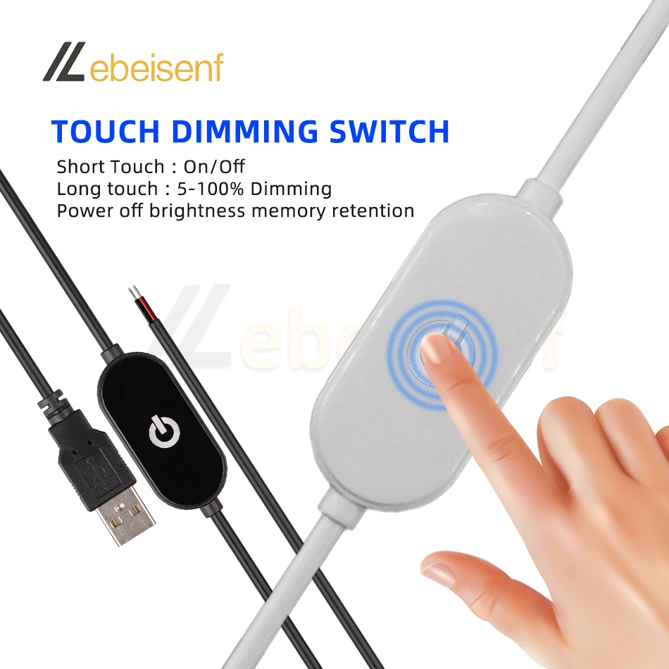 USB Touch Dimming Switch Cable, Controlador Dimmer para Single Channel LED Strip Lights, 1.5m, saída de 2 fios, 1.5m, 2A, 5-100%