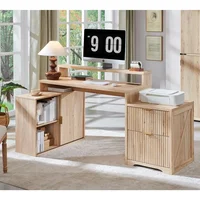 67" Modern L Shaped Desk with Storage Cabinet & Drawers, Wood Home Office Desk with Power Outlets, Fluted Computer Wr 1