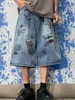 Summer Men Bodybuilding Embroidered Shorts Jeans Male Wide Leg Knee Length Retro Denim Pants Loose Graffiti Drawstring Pants 1