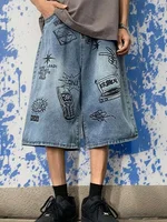 Summer Men Bodybuilding Embroidered Shorts Jeans Male Wide Leg Knee Length Retro Denim Pants Loose Graffiti Drawstring Pants 1