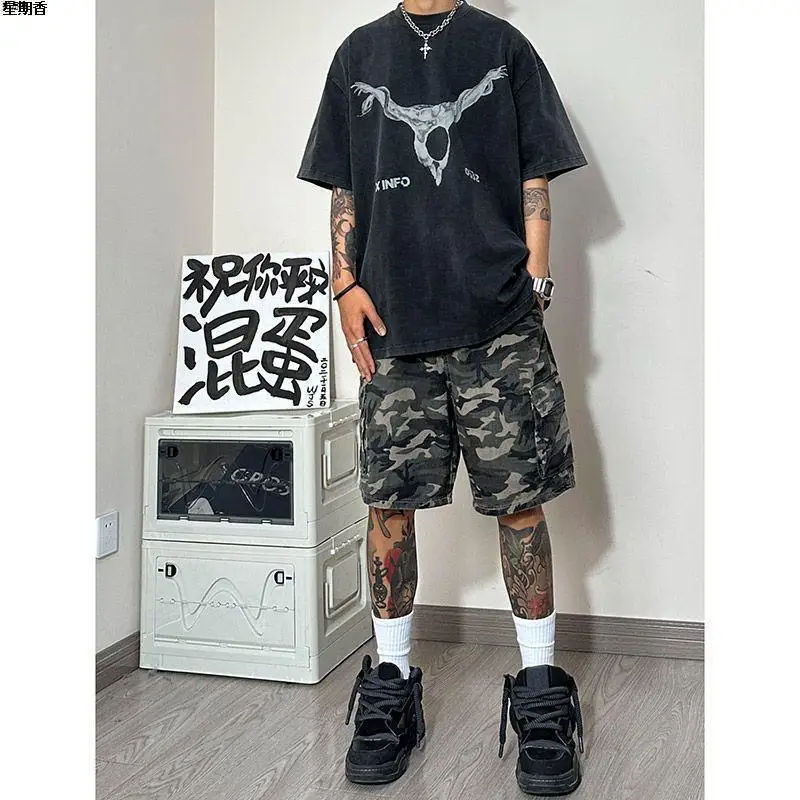 Men's Spliced elastic Loose Straight High Street Camouflage Design Five-point Denim Shorts