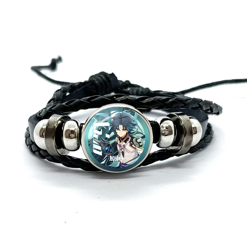 Game Genshin Impact Bracelet Cartoon Anime Zhongli Hutao Tartaglia Cosplay Jewelry Multilayer Snap Button Leather Bangles