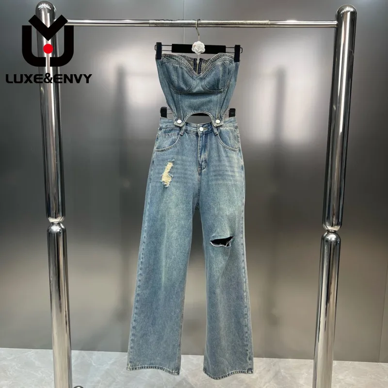 

LUXE&ENVY Jumpsuit Denim Women 2023 Spring New Fashion Trend Boob Tube Top Hole High Waist Straight-leg Pants Jeans WZ570