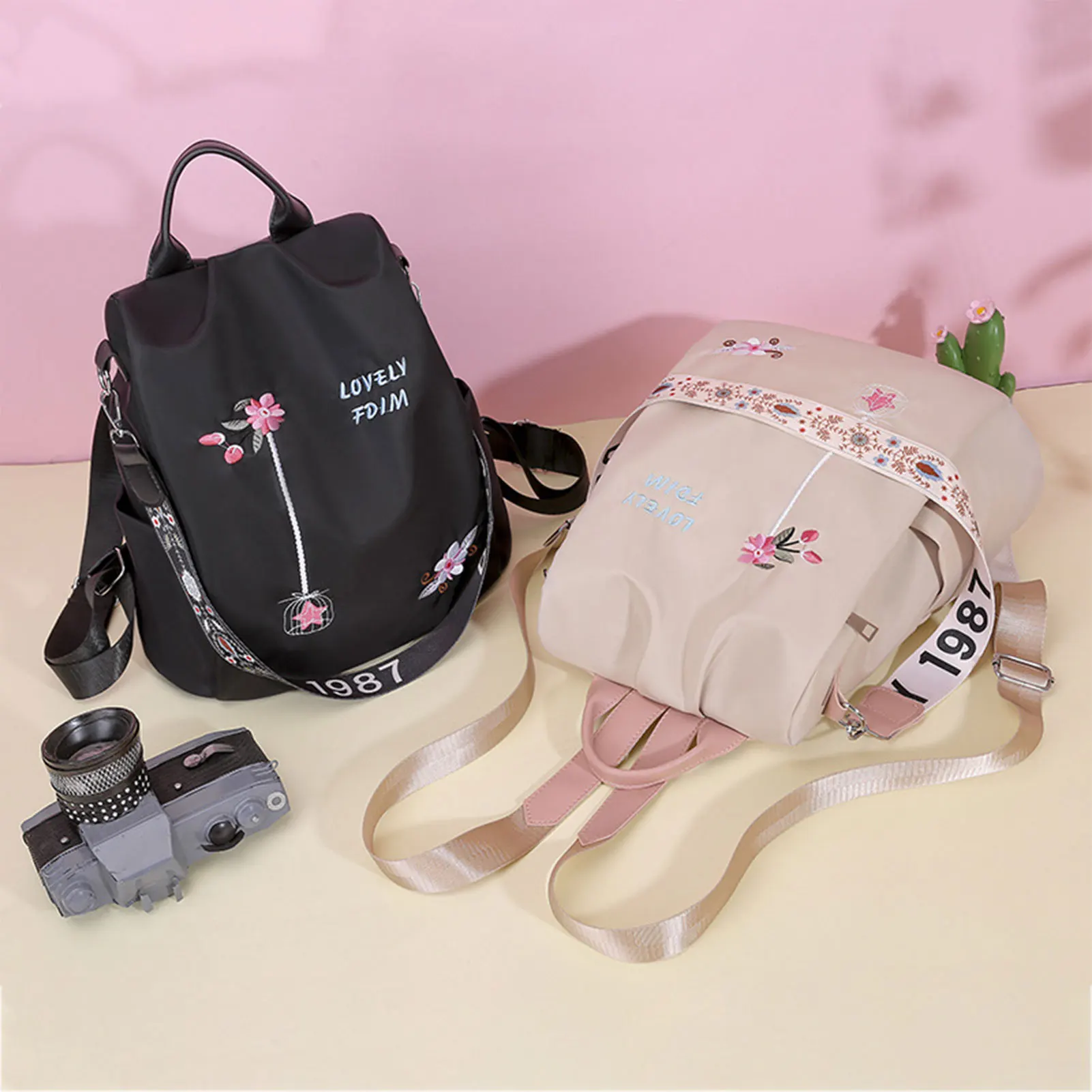 Floral Embroidered Backpack Purse, Convertible Anti-theft Daypack