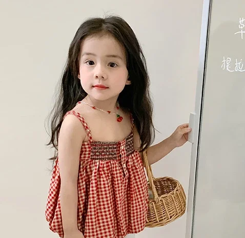 여아용 빨간 격자 무늬 스커트, 인형 셔츠, 짧은 치마, 귀여운 옷, 2024 여름 신상