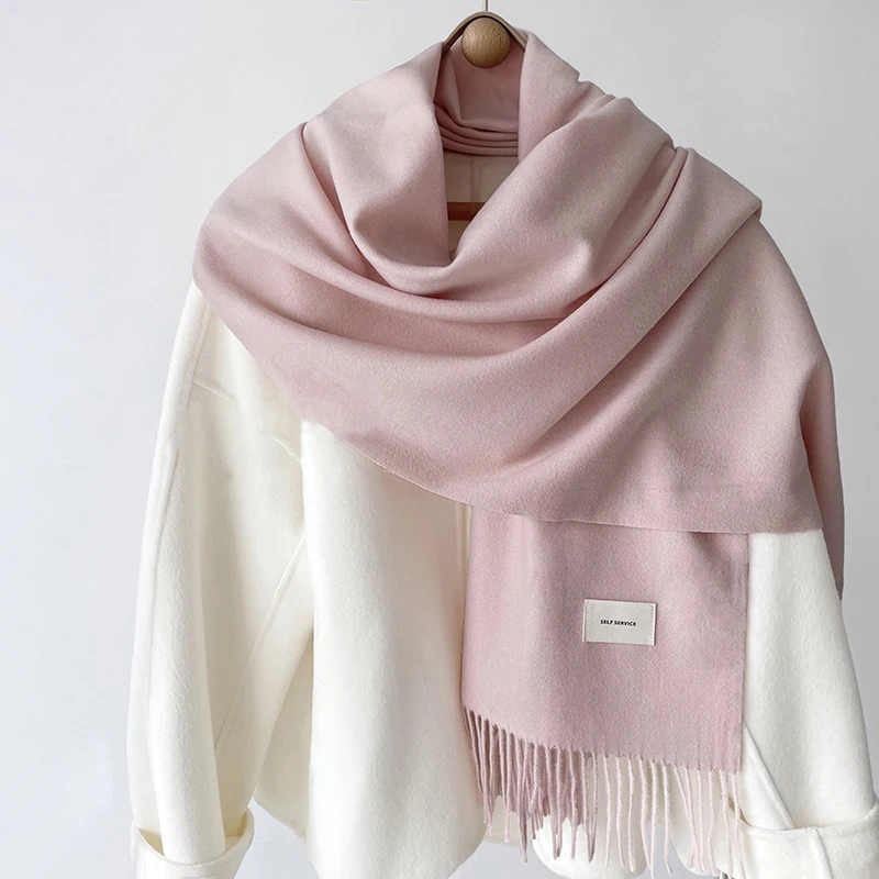 Luna&Dolphin Women Winter Solid Color Scarf Imitation Cashmere Soft Brown White Warm Knitted Woolen Ins Neck Pashmina Big Shawl 3