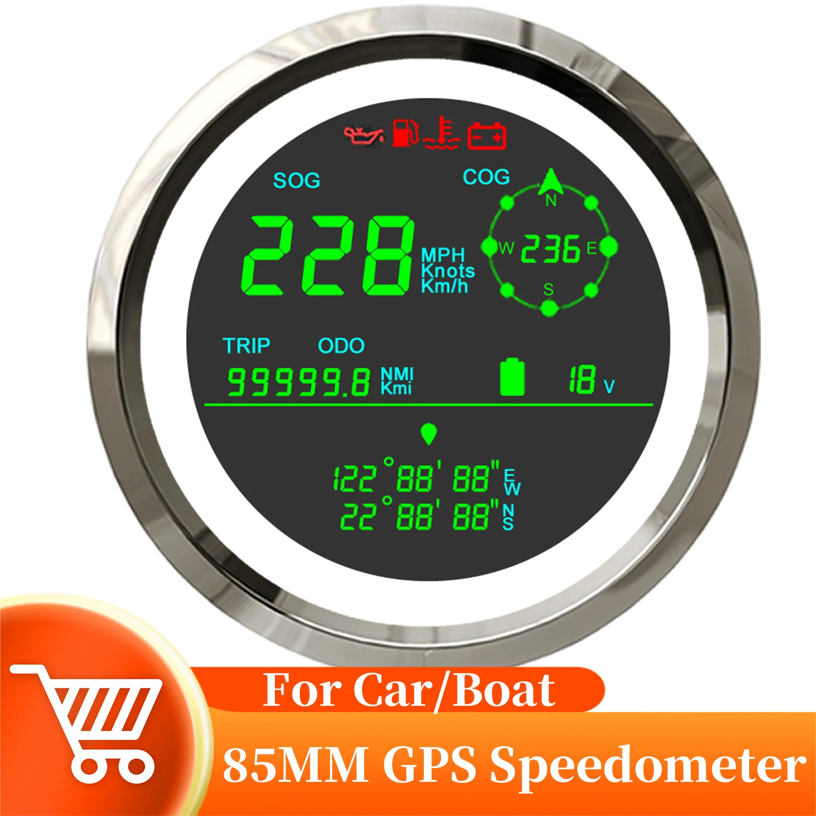 Digitaler GPS-Tachometer wasserdicht mit LCD-Kilometerzähler- Geschwindigkeitsmesser Mph-Knoten km/h-GPS-Antenne für Boot, Auto, Motorrad