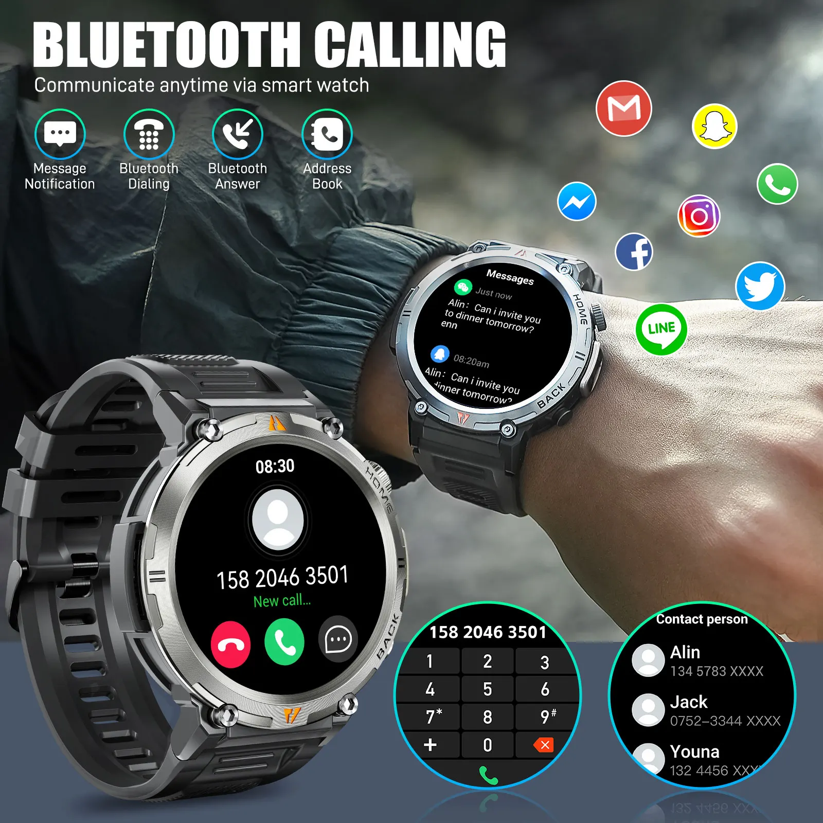 Blackview W60 Montre Connectée Bluetooth,Smartwatch Sport 100+ Modes Sportifs,Lampe de poche LED boussole pour iOS Android - Kaki