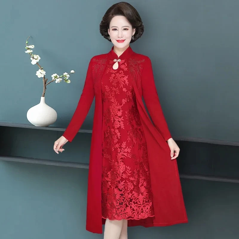 

Red Festive Wedding Cheongsam Dress Vestidos Elegant Women Dresses New 2022 Spring Autumn Fake 2 Pieces Improve Qipao Dresses