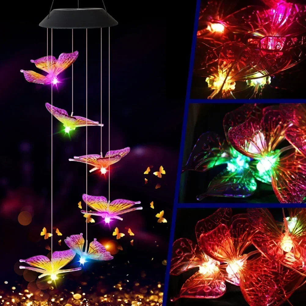 Artificial Butterfly Wind Chimes Changing Color Fairy Lamp String Solar Powered LED Hanging Lamp Princess Room Decorative Light