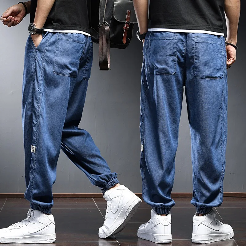2022 Summer Lyocell Jeans Men Streetwear Baggy Joggers Pencil Pants Thin Blue Jean Casual Elastic Waist Denim Trousers