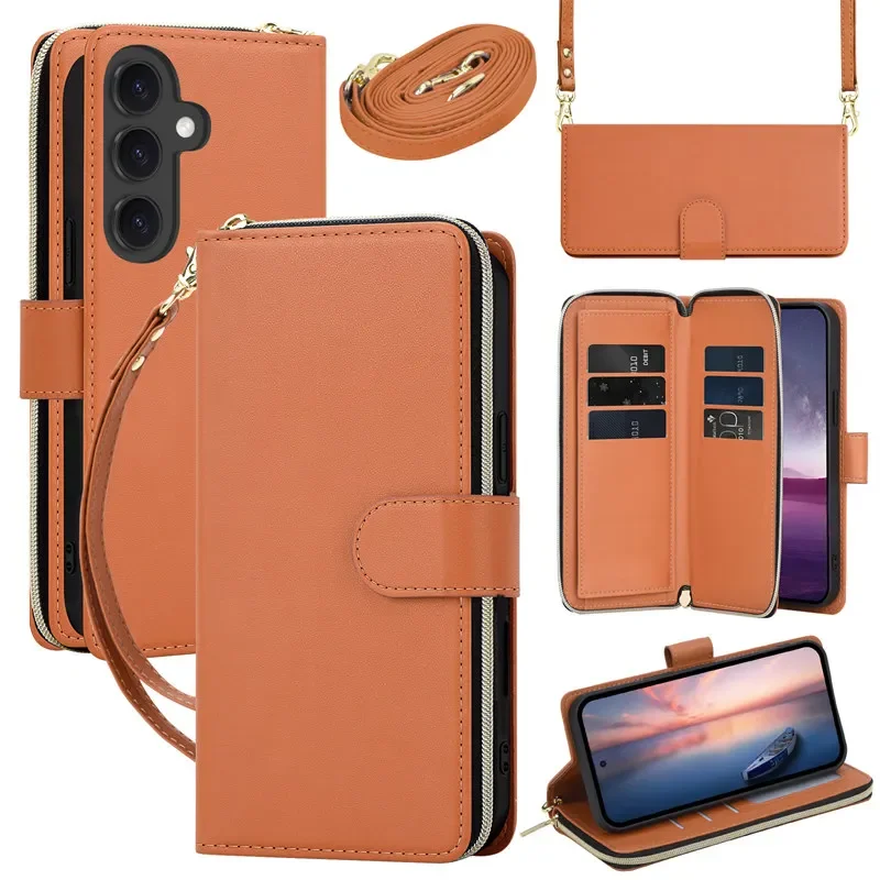 Leather Flip Phone Case with Long Lanyard and Zipper Wallet