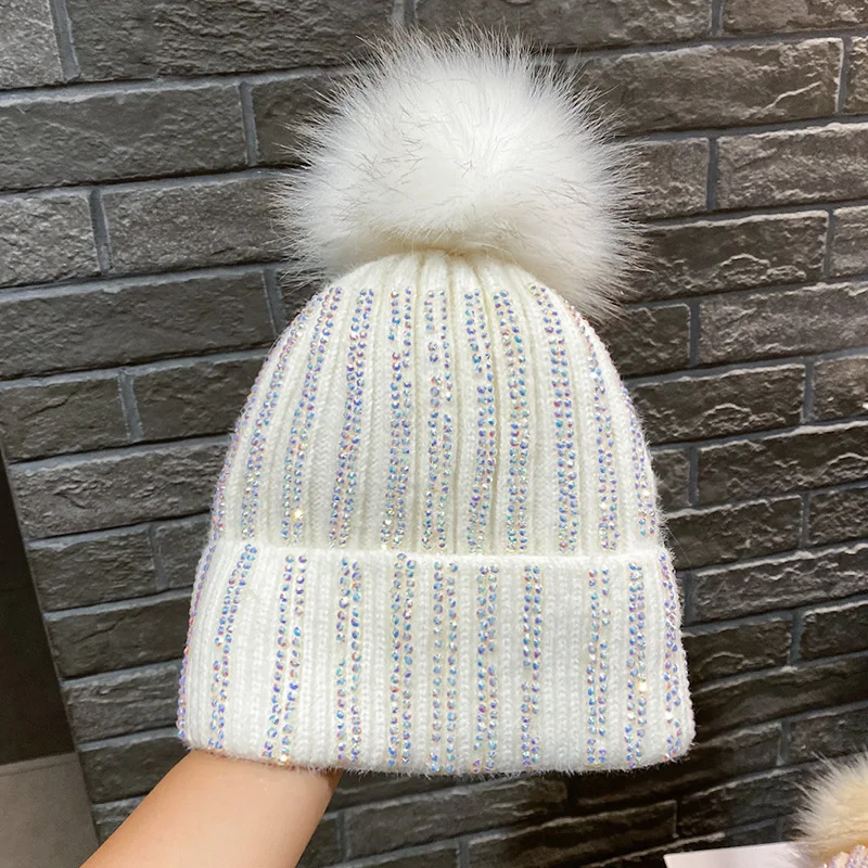Mao Qiu Shui Diamond Striped Knitted Hat Plush Autumn Winter Woolen Hat Korean Outdoor Headband