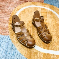 Handmade Designer Cowhide Hollowed Out Roman Sandals Men's Genuine Leather Vintage French Aged Beach Shoes