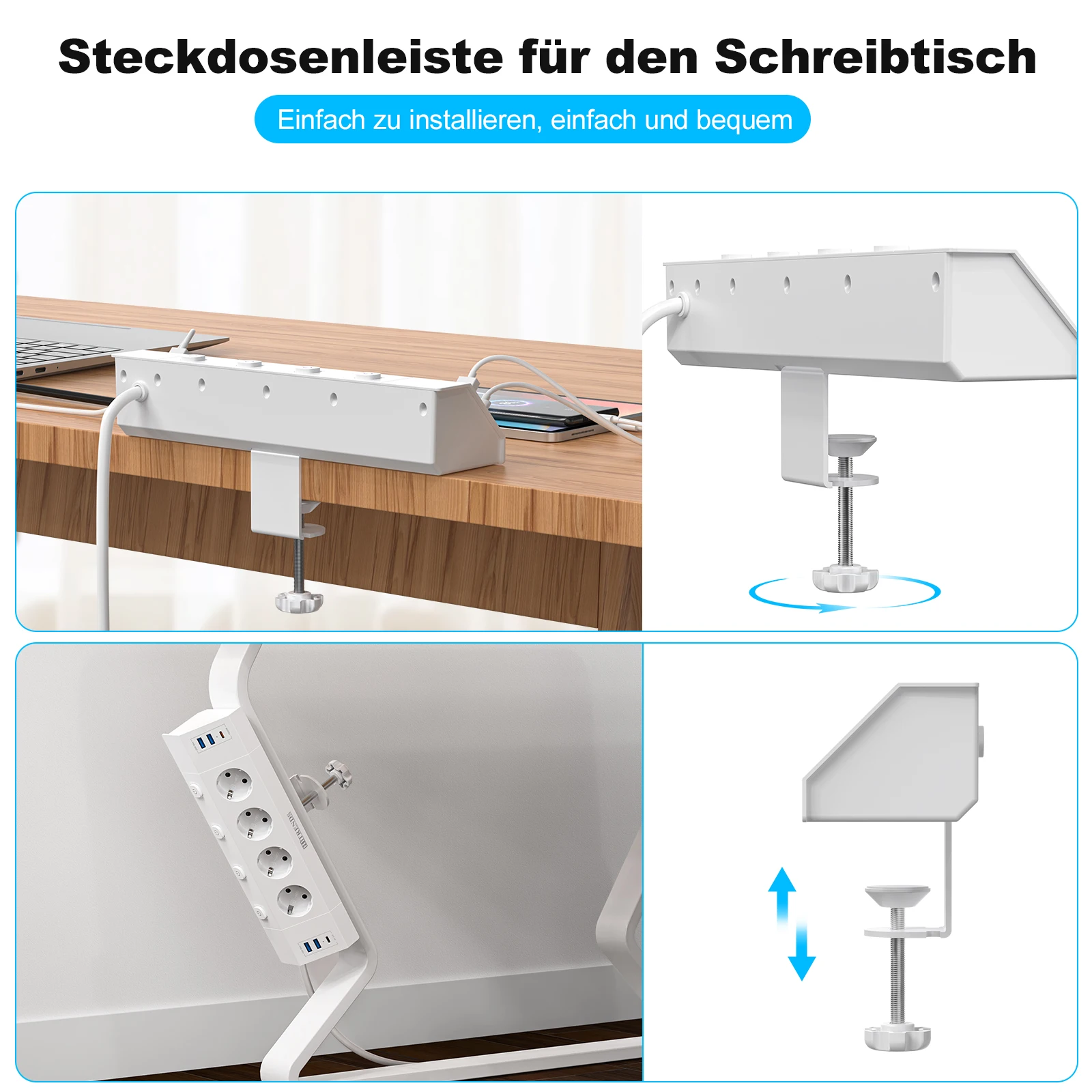 Eu Plug Multi-function power strip with desktop clamp 4 AC power outlets 4 USB-A and 2 USB-C 2 meter cable independent switches 4