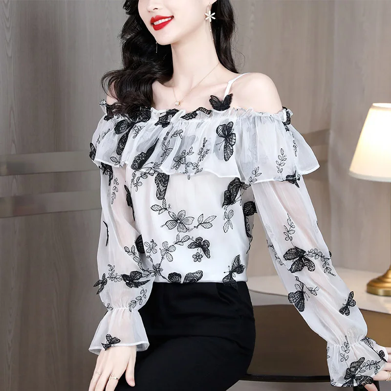 2023 Spring Summer New Butterfly Embroidery One Shoulder Chiffon Shirt Women's Lace Ruffles Elegant Sexy Printed Blouse Female