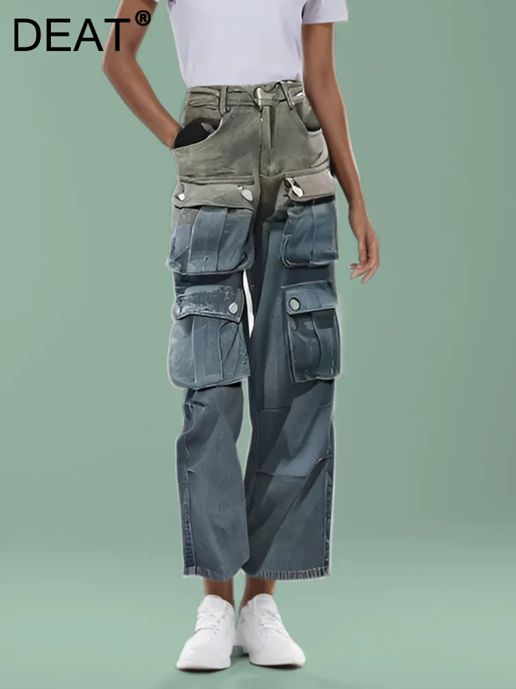 

DEAT Vintage Fashion Women's Gradient Multi Pockets Jeans 2024 Summer High Waist Wide Leg Straight Denim Pants Female 33A1572