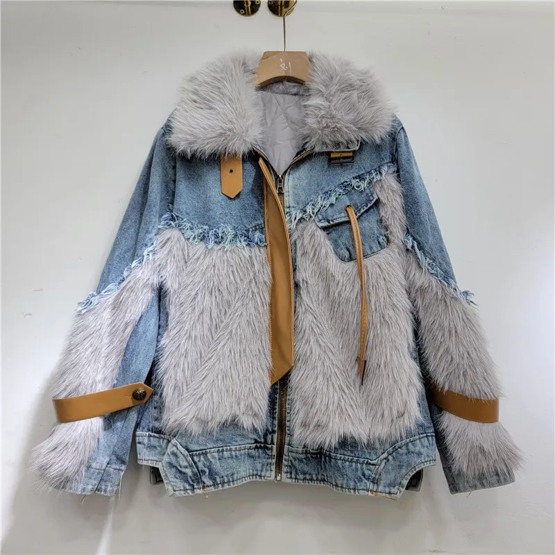 

Harajuku Vintage Faux Fox Fur Patchwork Frayed Burrs Denim Coat Winter Women Thicken Cotton-padded Liner Jeans Jacket Streetwear