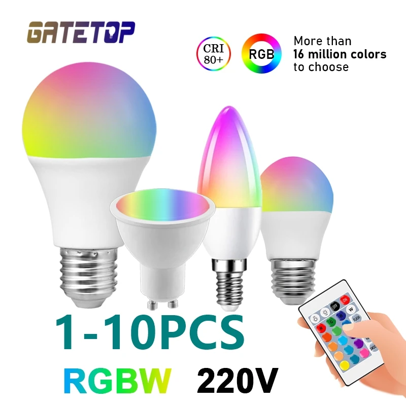 

1-10PCS remote control LED Bulb dimming spotlight RGBW AC220V GU10 A60 G45 C37 6W 10W 24 key remote control color light 6500K