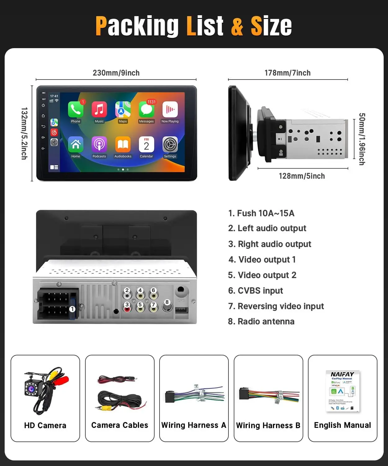 Radio estéreo de un solo Din para coche de 9 pulgadas con Apple Carplay y Android Auto, receptores de Audio para coche Bluetooth, cámara de respaldo, enlace de espejo, FM 4