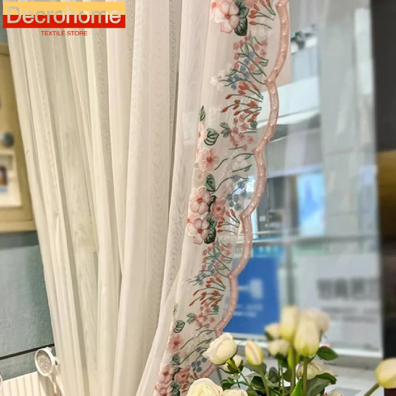 

Customized White Gauze Embroidered Mosaic Window Curtains for Living Room French Window Balcony Bay Window Partition Curtain