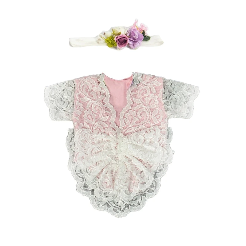 

Newborn Photo Props Flower Headwear & Backless Rompers 0-1M Baby Photo Props Set
