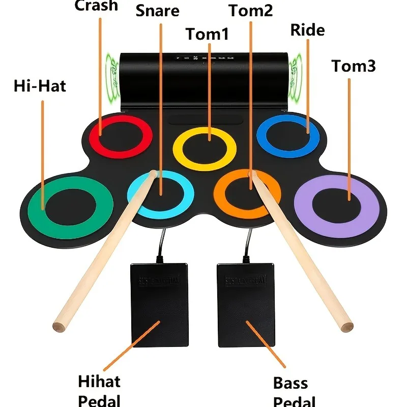 Bateria Eletronica,Portable 7 Pad Roll-Up Electronic Drum,Practice Kit,with Headphone Jack Built-in Speaker Pedal/Stick/Foldable