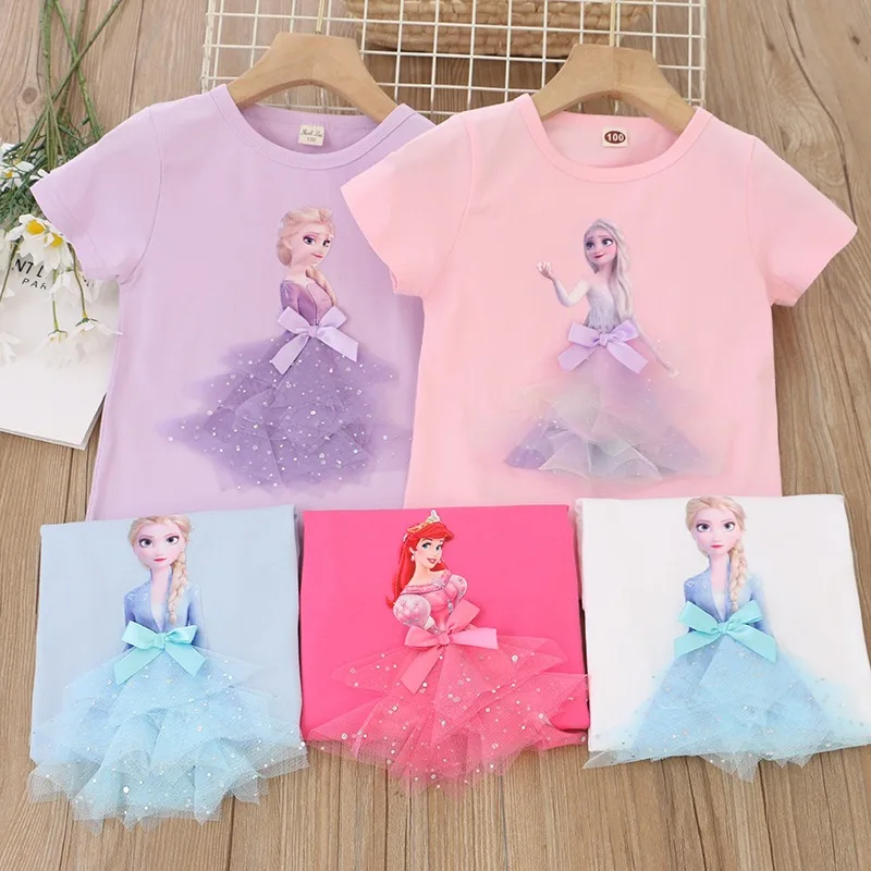 Ariel Girls Tee Cotton Summer Kids T-shirt Short sleeves Frozen Elsa For Children Disney Princess Girls Clothes Costumes 2-8Y
