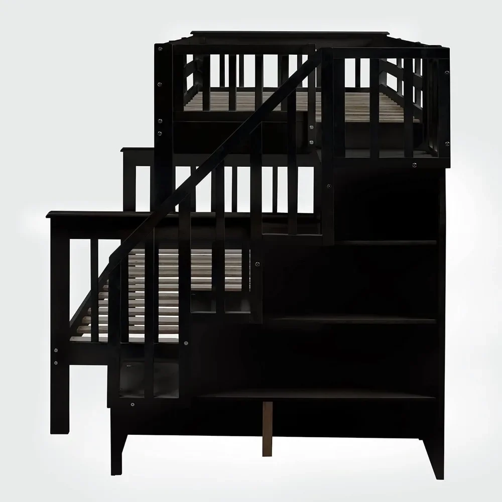 Twin Over Full Bunk Bed with Twin Size Trundle,Wooden Bunk Bed with Stairway,Storage and Guard Rail for Kids, Bunk Children Bed 3