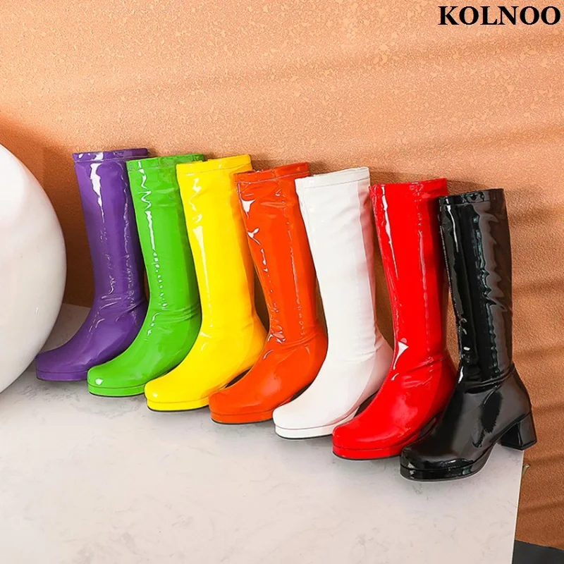 Kolnoo-수제 신상품 여성 블록 힐 부츠, 특허 가죽, 7 가지 색상, 스위트 스타일 미드카프 부츠, 이브닝 패션 신발
