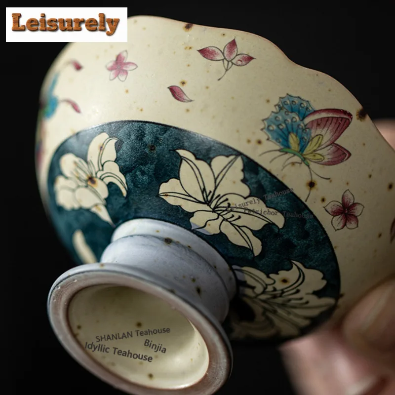 50ML Caramel Glaze Butterfly Lily High Foot Teacup Handmade Tea Bowl Jug Tea-tasting Personal Cup Chazhan Master Cups Cha Gift