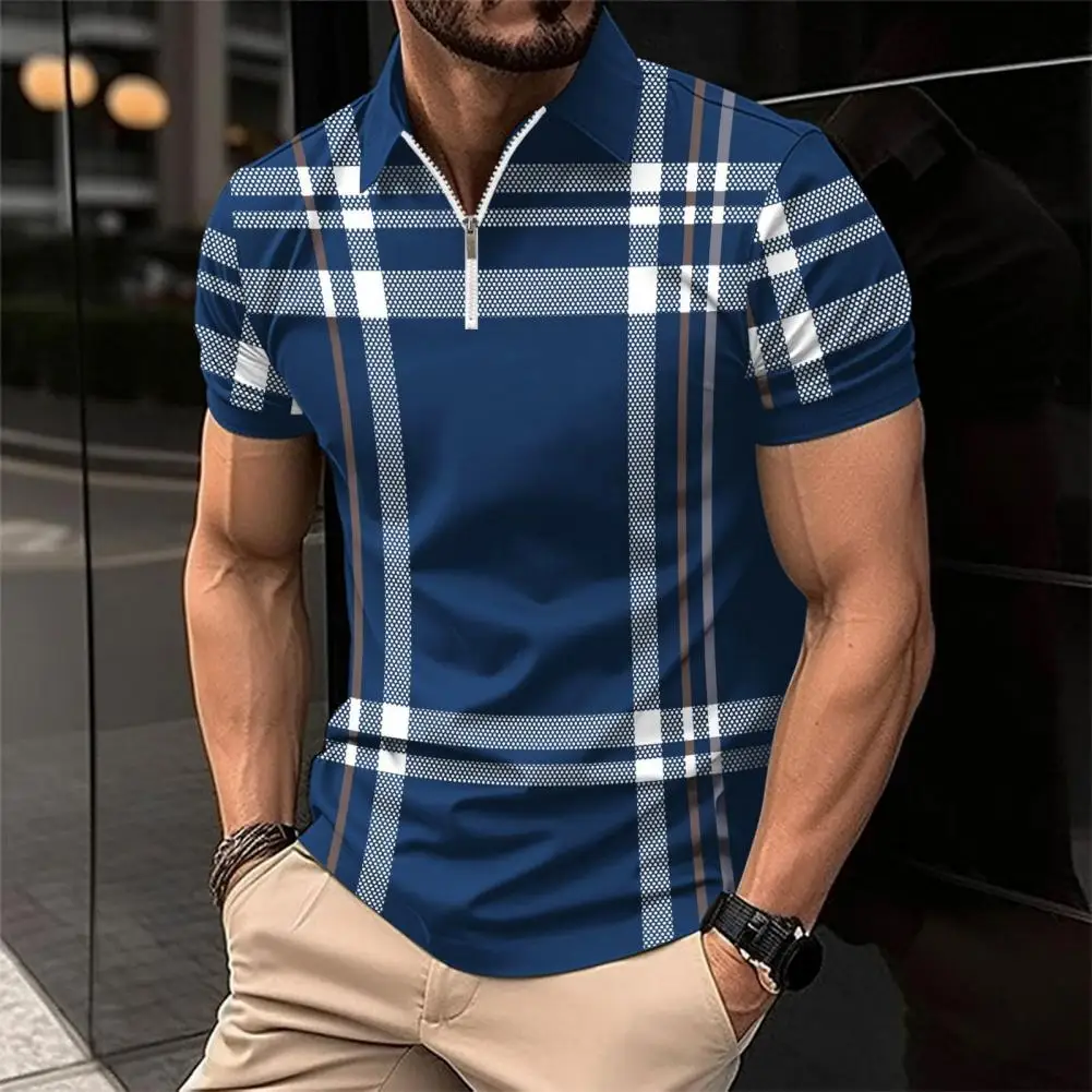 Comfortable Men Shirt Men Business Shirt Stylish Men's Summer Shirt with Lapel Zipper Plaid Striped Print Slim Fit Short for Men