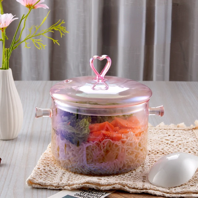 INS Cute High-value Love Pink Glass Pan High Borosilicate Heat-resistant  Binaural Soup Pot Open Fire Instant Noodle Cooking Pot