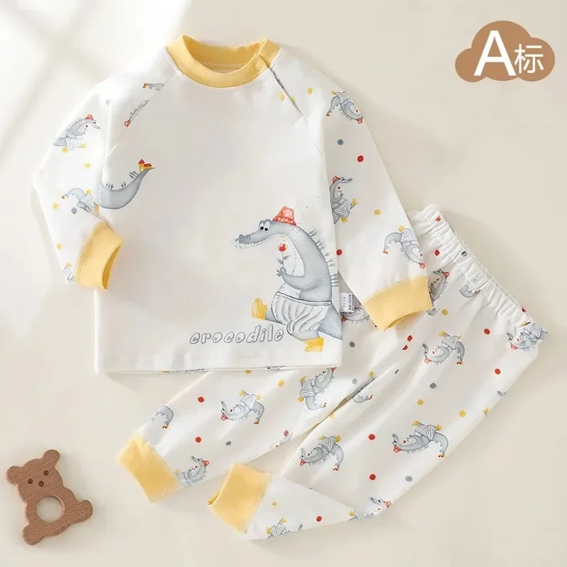 

Baby Printed Children's Underwear Pure Cotton Autumn Pajamas for Boys and Girls Baby Shoulder Button Long Johns Set