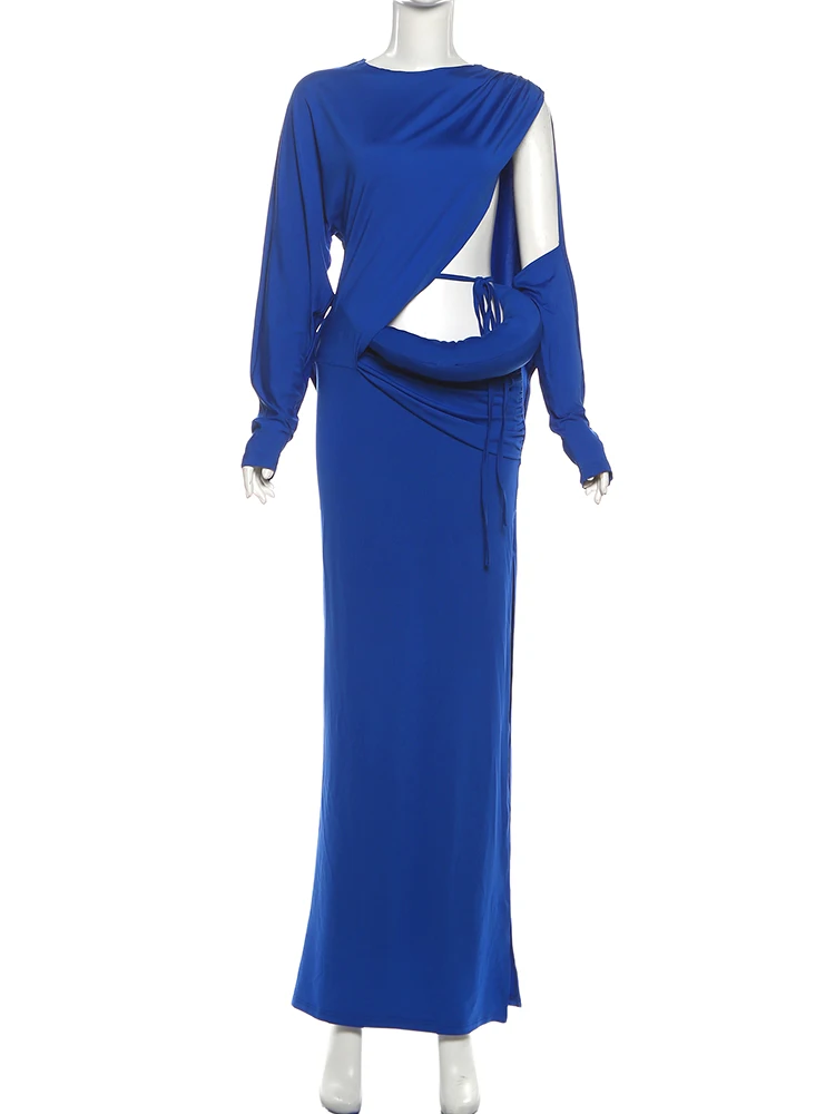 Nibber Waistless Long Dresses Woman Irregular Hollow Design Autumn Style o-Neck Full Sleeve Vacation Fashion Elegant Vestidos