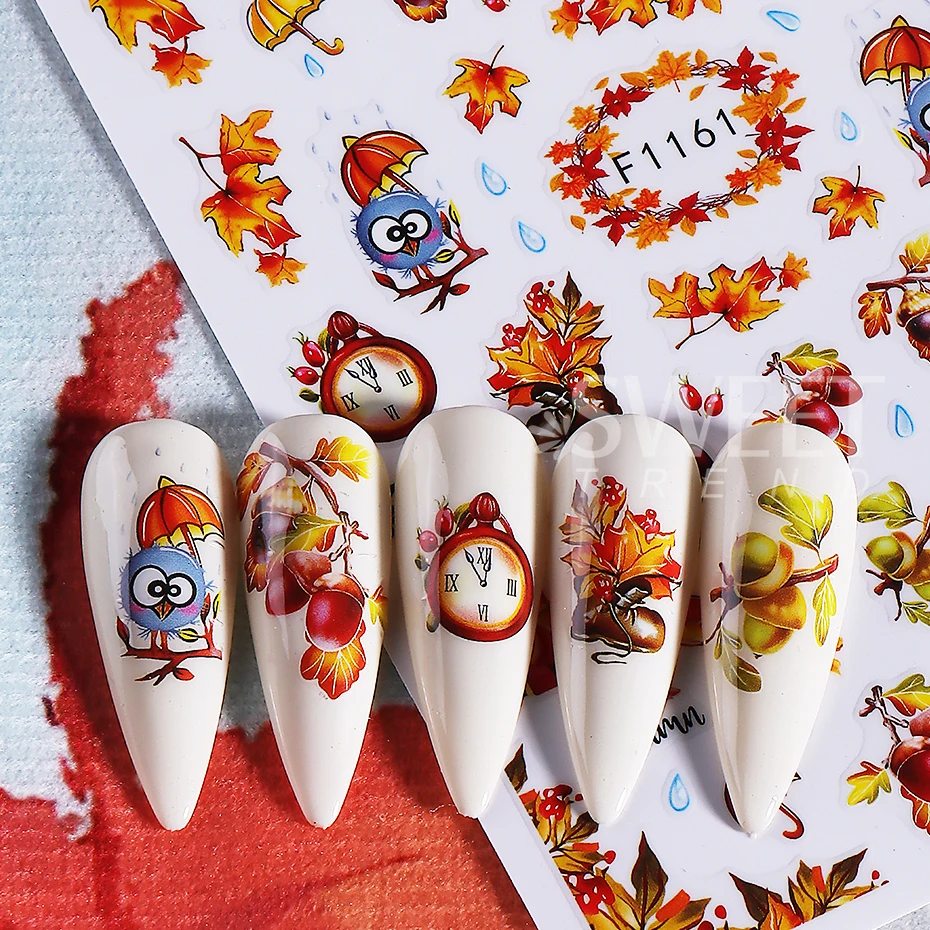 10pcs Autumn Winter Nail Stickers Maple Leaf Pumpkin Mushroom Flowers Self-Adhesive Nail Decals Thanksgiving DIY Manicure Decor