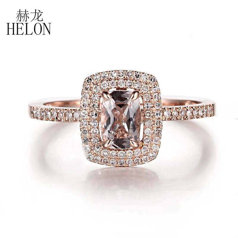 

HELON Cushion 6X4mm Genuine Morganite Gemstone Ring Solid 14k 10K Rose Gold Halo Diamonds Engagement Ring Women Jewelry Gift