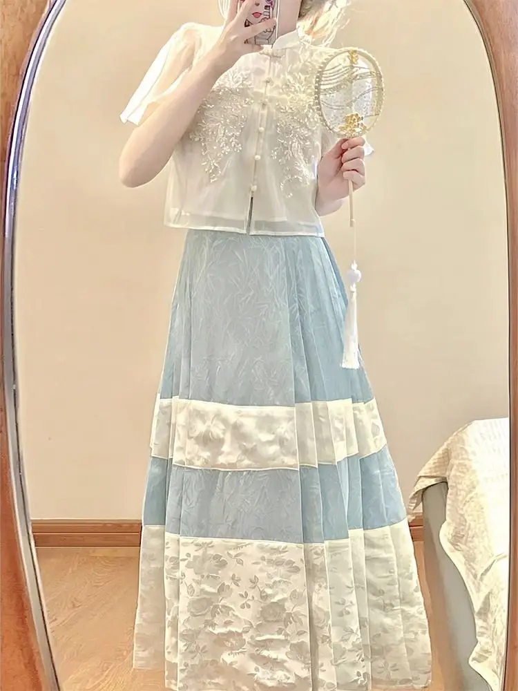 

Изящный вышитый комплект, короткий топ, плиссированная юбка с лошадиным лицом, костюм из двух предметов, женская летняя Китайская традиционная одежда Hanfu