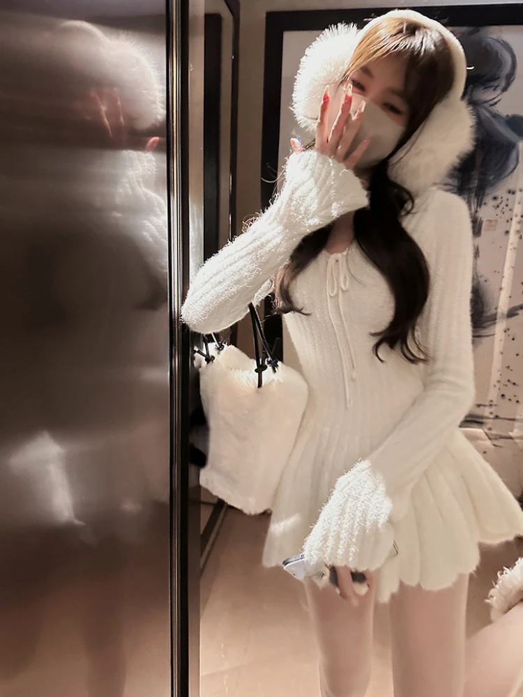 

Милое трикотажное платье-свитер, женское повседневное элегантное французское мини-платье с длинным рукавом, модель Y2k, яркая фотография, весна 2024, корейский стиль, шикарный стиль