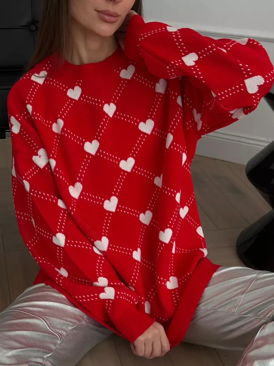 Autumn Printed Knitwear Pullover For Women Casual Patchwork Long Sleeve Contrast Loose Top Clothes Female Knit Pullover