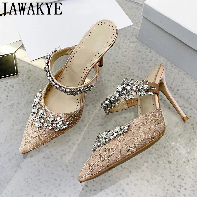 

Nude Lace Pointy Wrap Toe Crystal Slippers Women Slim Banquet Stiletto Sandals Summer Luxury Formal Crystal Party Shoes Female