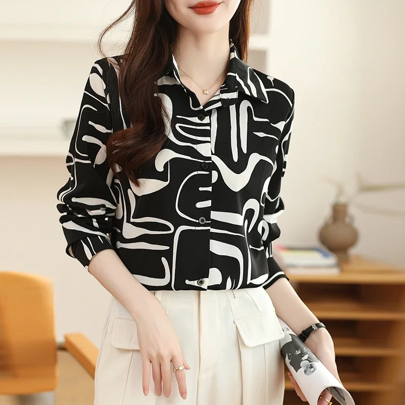 

YCMYUNYAN-Women's Chiffon Shirts, Retro Prints Blouses, Polo-Neck Stripes Clothing, Loose Long Sleeve Tops, Spring and Summer